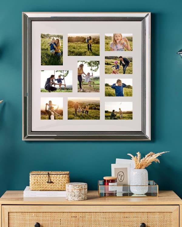 Billedramme Sølv Blank og Glas 69x69 cm Firkantet Fotoramme med Rhinsten til 10 Billeder Collage Stue Soveværelse til Væg Indretning Tilbehør