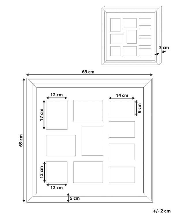 Fotoram Silver Glas Plast 69 x 69 cm För 10 bilder 14x9 cm 12x17 cm 12x12 cm Kollage Bländare