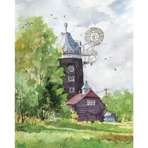 Rajan Dey Wray Common vindmølle Surrey Indrammet lærredsprint Green/Blue/Brown 40cm x 50cm