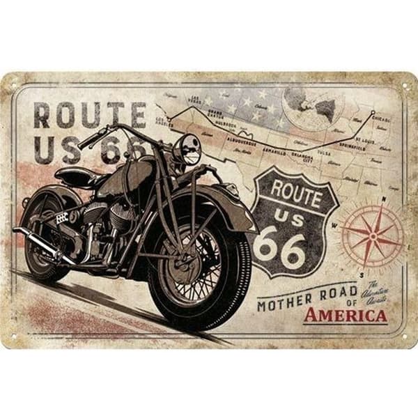 Metallskylt - ROUTE 66 - Vintage motorcykel - 20 X 30 cm - Väggdekoration - Vintage stil