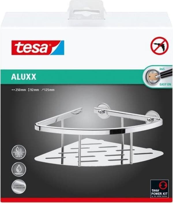 Tesa Aluxx Corner suihkuteline yksittäinen pohjalevyllä 21,2x21,8x8,8 cm ilman porausta Itsekiinnittyvä kromattu alumiinikromi