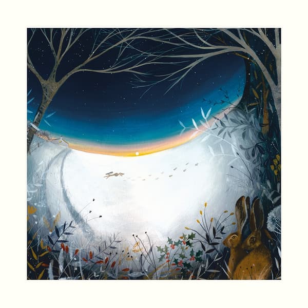 Julia Crossland Utskrift av vinterharar White/Blue/Black 40cm x 40cm