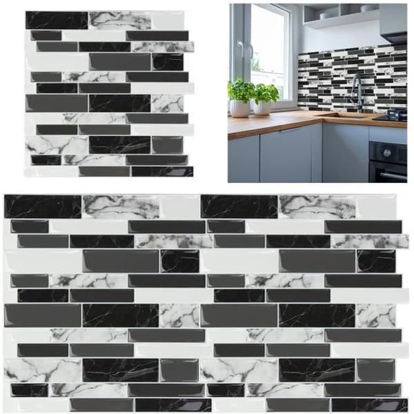 XMTECH 10 delar 30x30cm 3D keramiska kakelklistermärken Köksbadrumsdekoration Väggdekaler, svart marmorerad design