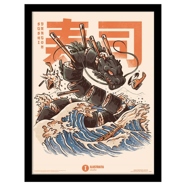 Ilustrata Sushi Dragon Framed Poster Black/Orange/Blue 40cm x 30cm