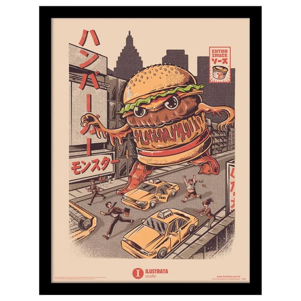 Ilustrata Burgerzilla Framed Poster Grey/Yellow/Orange 40cm x 30cm