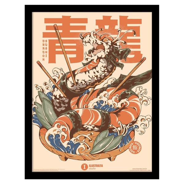 Ilustrata Dragon Sushi Framed Poster Orange/Green/Blue 40cm x 30cm