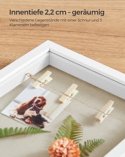 Songmics Shadow Box Ram, tavelram med garn, klädnypa och pinnnålar, DIY, vit