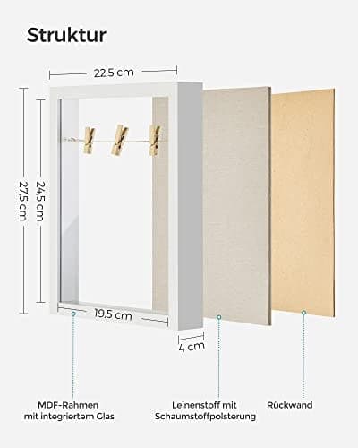 Songmics Shadow Box Ram, tavelram med garn, klädnypa och pinnnålar, DIY, vit