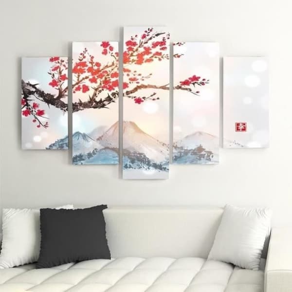 Legendarte - Målning, Tryck på duk - Vinterkörsbärsblommor cm. 150x100 (5 paneler)