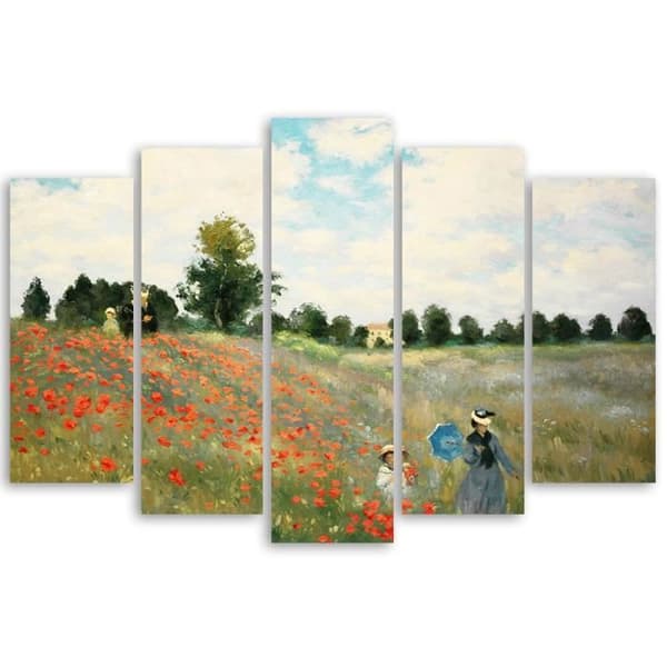 Målning, tryck på duk - Vallmofältet Claude Monet cm. 150x100 Typ A1 (5 paneler)
