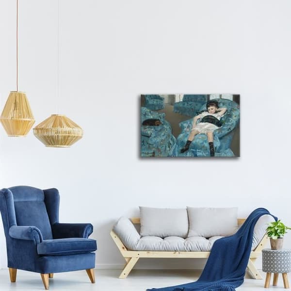 Målning, tryck på duk - Liten flicka i blå fåtölj Mary Cassatt cm. 50x70