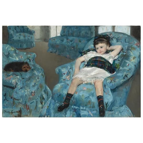 Målning, tryck på duk - Liten flicka i blå fåtölj Mary Cassatt cm. 50x70