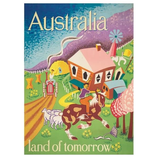 Legendarte - Vintage Tourist Poster Australia Land Of Tomorrow - Målning, tryck på duk cm. 50x70