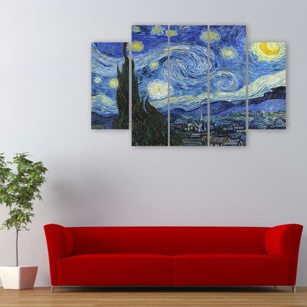 Målning, tryck på duk - Stjärnklar natt Vincent Van Gogh cm. 150x100 Typ A2 (5 paneler)