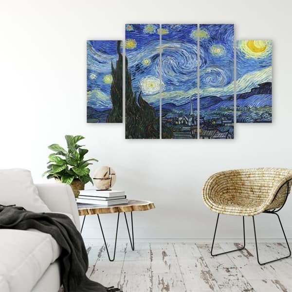 Målning, tryck på duk - Stjärnklar natt Vincent Van Gogh cm. 150x100 Typ A2 (5 paneler)