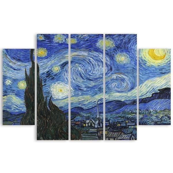 Målning, tryck på duk - Stjärnklar natt Vincent Van Gogh cm. 150x100 Typ A2 (5 paneler)