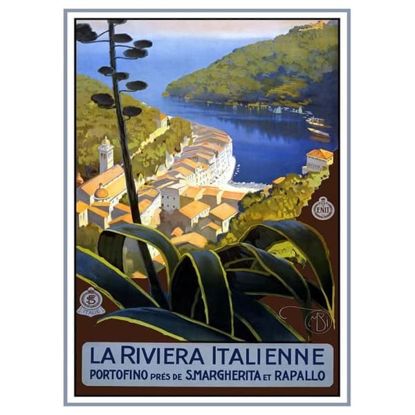 Legendarte - Vintage turistaffisch Italienska rivieran - målning, tryck på duk cm. 50x70