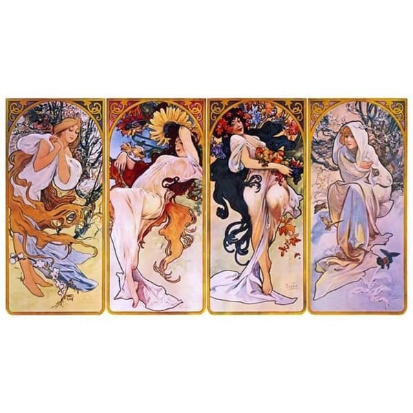 Legendarte - Målning, tryck på duk - De fyra årstiderna Alphonse Mucha cm. 160x90 (4 paneler)