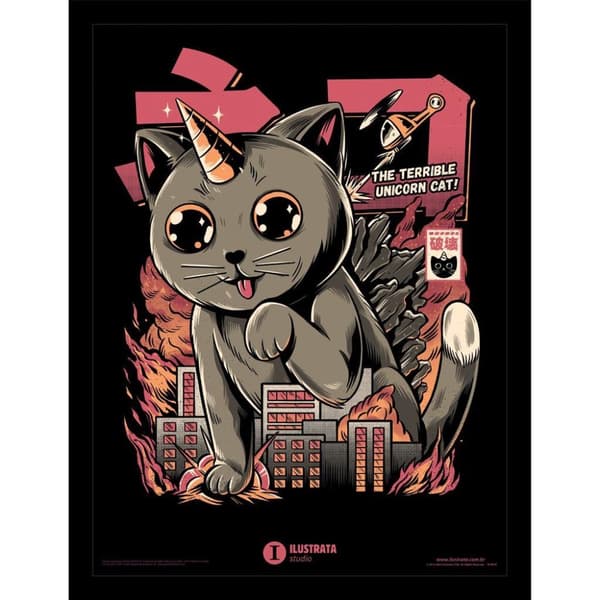 Ilustrata Catzilla Inramad affisch Black/Grey/Pink 40cm x 30cm