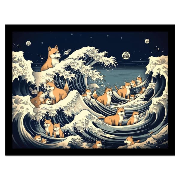 Wave Collection Shiba Waves Framed Poster Blue/Cream/Light Brown 40cm x 30cm