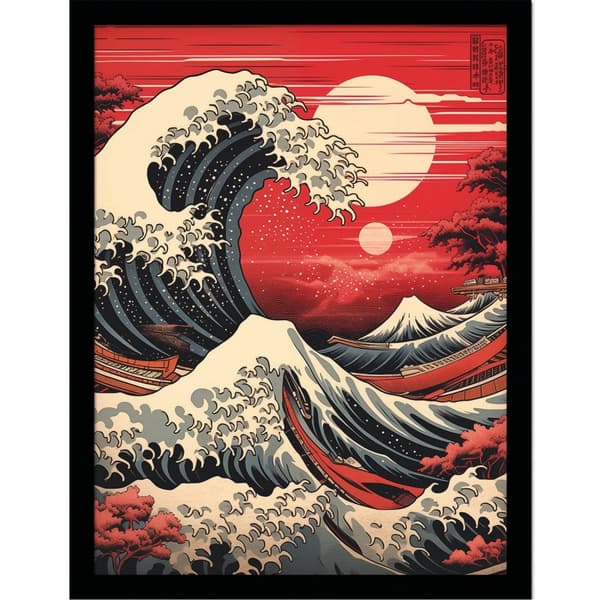 Wave Collection Red Hue Sunset Framed Poster White/Black 40cm x 30cm