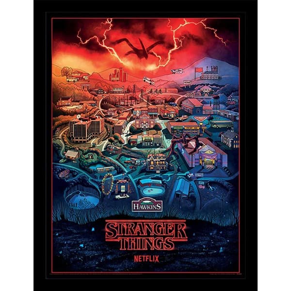 Stranger Things 4 Hawkins Town Framed Poster Multicoloured 40cm x 30cm