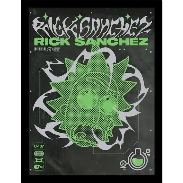 Rick And Morty 90S Rave Rickvival Rick Framed Poster Black/White/Green 40cm x 30cm