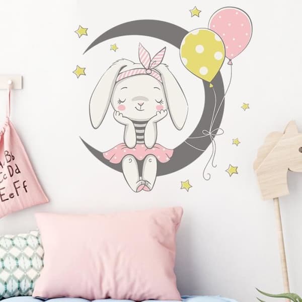 Tecknad Moon Rabbit Väggdekaler Barn Flickor Sovrum Heminredning Tapet Sovrumsklistermärke