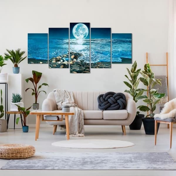 DekoArte - Modern Canvas Print | Vardagsrum eller sovrum dekoration | Nattlandskap Moon Beach | 5 stycken 200 x 100 cm XXL