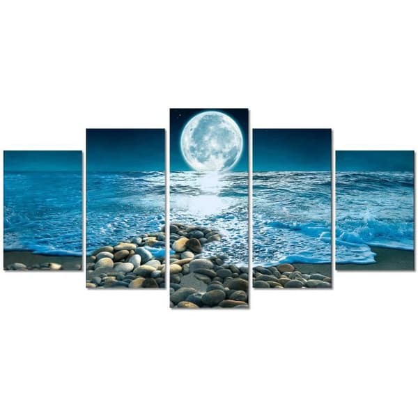 DekoArte - Modern Canvas Print | Vardagsrum eller sovrum dekoration | Nattlandskap Moon Beach | 5 stycken 200 x 100 cm XXL