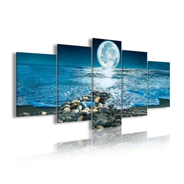DekoArte - Modern Canvas Print | Vardagsrum eller sovrum dekoration | Nattlandskap Moon Beach | 5 stycken 200 x 100 cm XXL