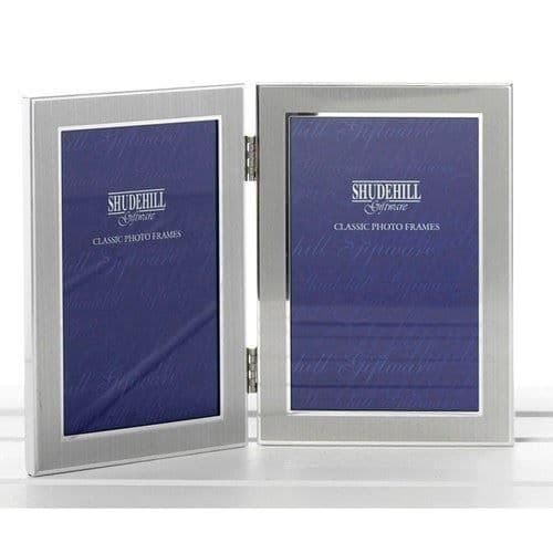 Satin Silver Color Double 2 Foto Vikbar Presentbildram (Rymmer två 5" x 3,5" fotografier)