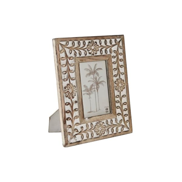 Fotoram Home ESPRIT Vit Naturell Glas Mangoträ Blomster Indier 21 x 2 x 26,5 cm
