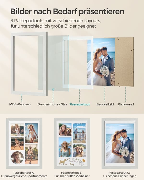 Valokuvakehys - A4 - Jäljittämättömillä seinäkoukkuilla - Vintage White