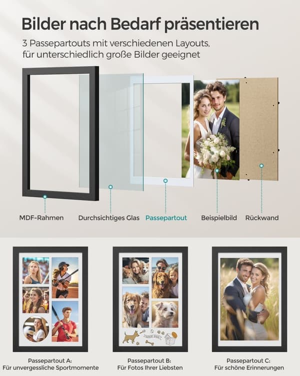 Fotoramme - Format A4 - Med sporløse vægkroge - som sort