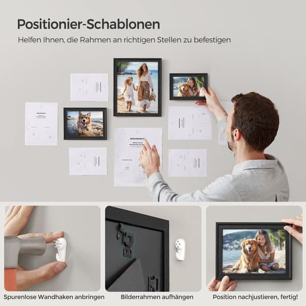 Uppsättning av 7 fotoramar med väggkrokar som inte är markerar, aska svart