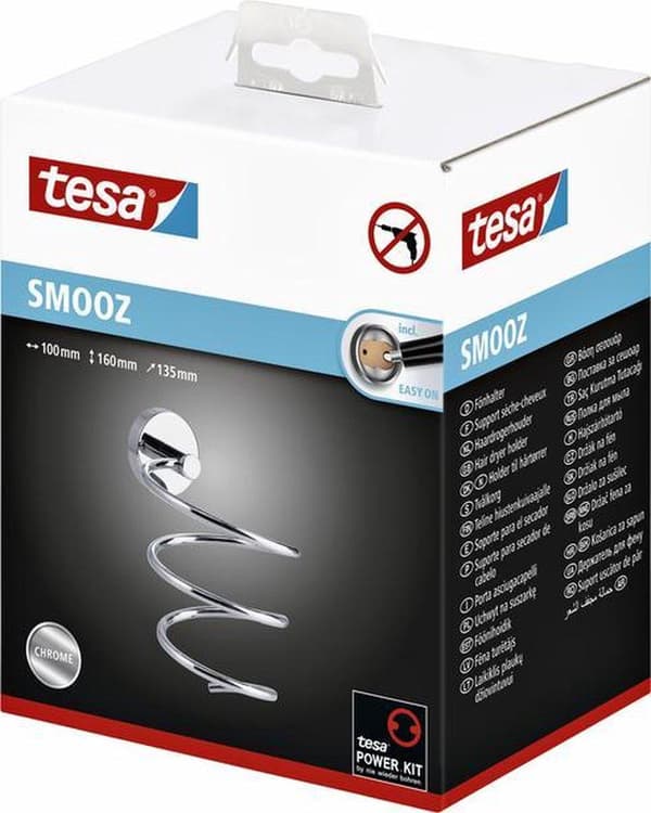 Tesa Smooz Hårtorkhållare 14x17x11cm utan borrning Självhäftande Förkromad Metallkrom