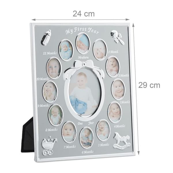 Relaxdays Ram för babyfoton, 1 år, Ram för babyfoto per månad i aluminium, 12 månader 29 x 24 cm, Collage för att visa, silver