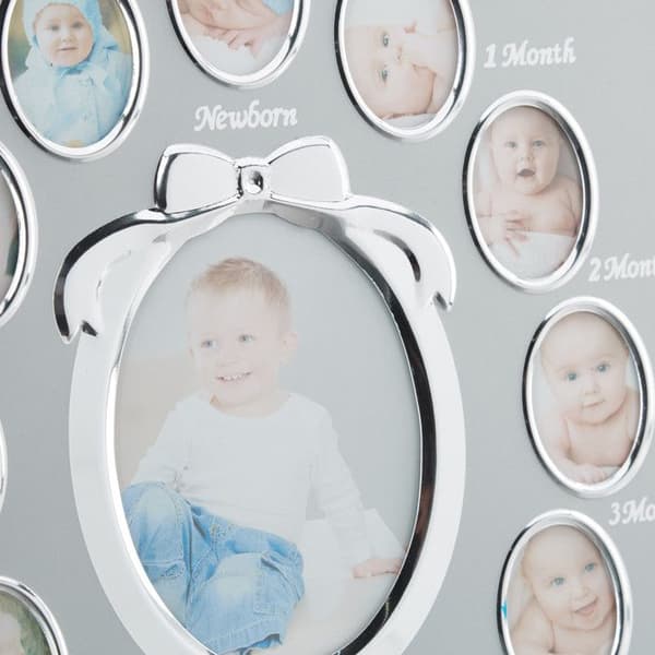 Relaxdays Ram för babyfoton, 1 år, Ram för babyfoto per månad i aluminium, 12 månader 29 x 24 cm, Collage för att visa, silver