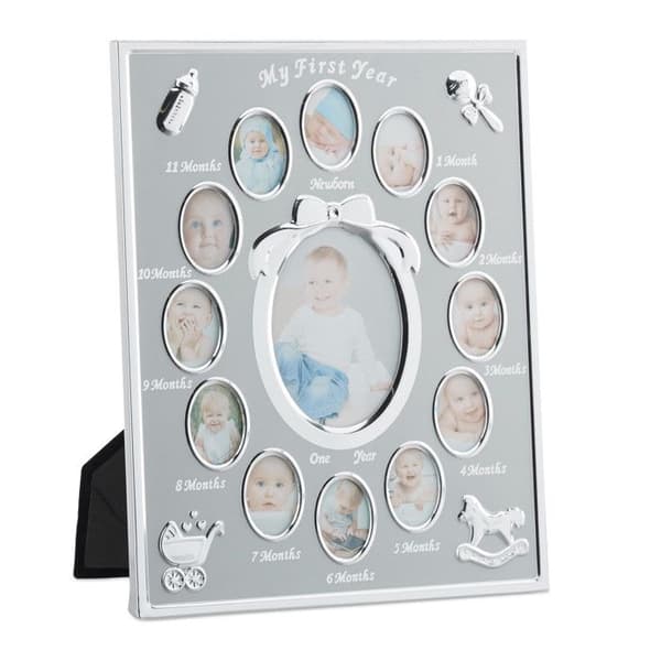 Relaxdays Ram för babyfoton, 1 år, Ram för babyfoto per månad i aluminium, 12 månader 29 x 24 cm, Collage för att visa, silver