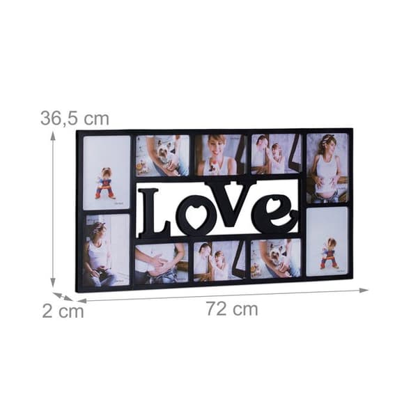 Relaxdays Pêle-mêle fotohållare för 10 bilder Galleri vägg ram mural LOVE plast HxlxB: 36,5 x 72 x 2 cm, svart