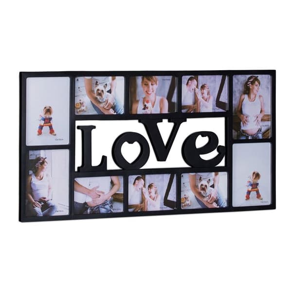 Relaxdays Pêle-mêle fotohållare för 10 bilder Galleri vägg ram mural LOVE plast HxlxB: 36,5 x 72 x 2 cm, svart