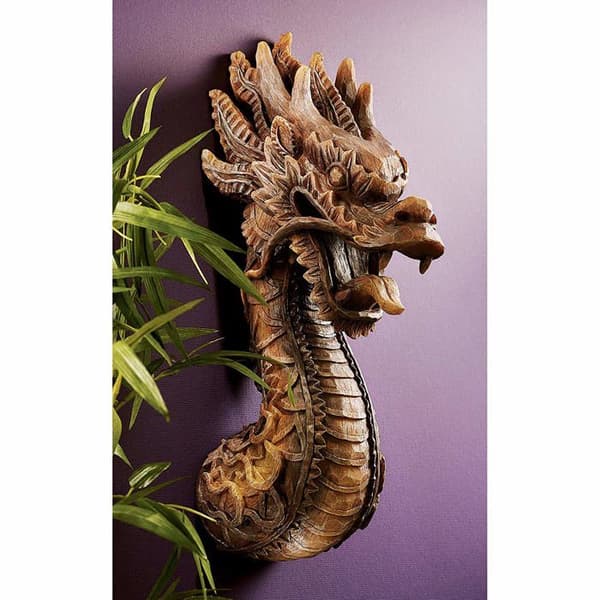 Design toscano väggdekorationsobjekt - NG33987 - Fire Dragon väggskulptur Brun 23 x 14 x 47 cm