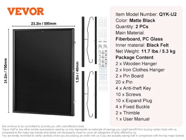 VEVOR Jersey Udstillingsramme, Låsbar Design, 98% UV Beskyttelse, Blødt Filt Interiør,590x790x40mm-2 stk