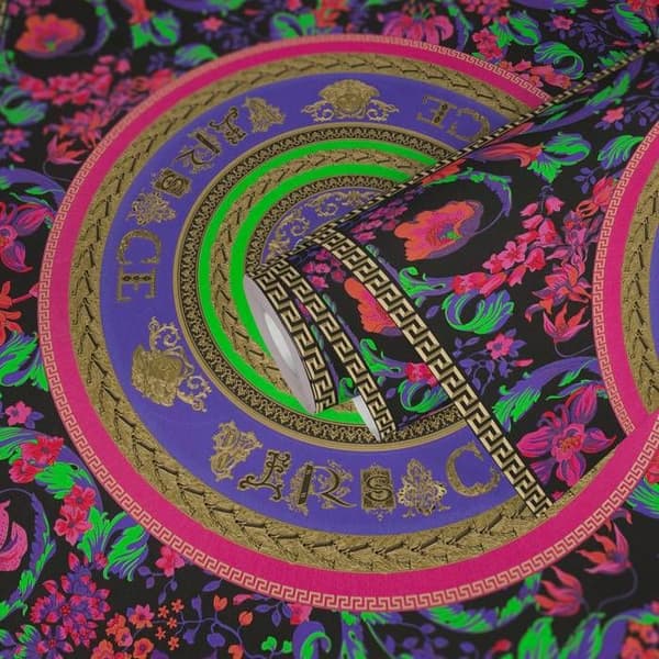 VERSACE Fleurs Floral 387051 Färgglad Rosa Grön Guld Svart Vridningar Cirklar 10,05x0,70m