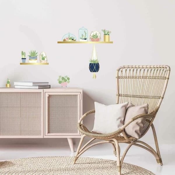 Klistret väggdekoration - Draeger Paris - Guldhyllor och små växter - Flerfärgad - 60 cm - Nutida