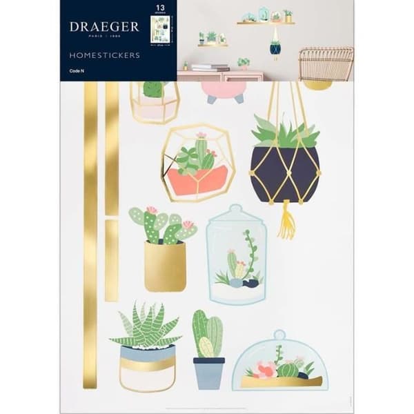 Klistret väggdekoration - Draeger Paris - Guldhyllor och små växter - Flerfärgad - 60 cm - Nutida