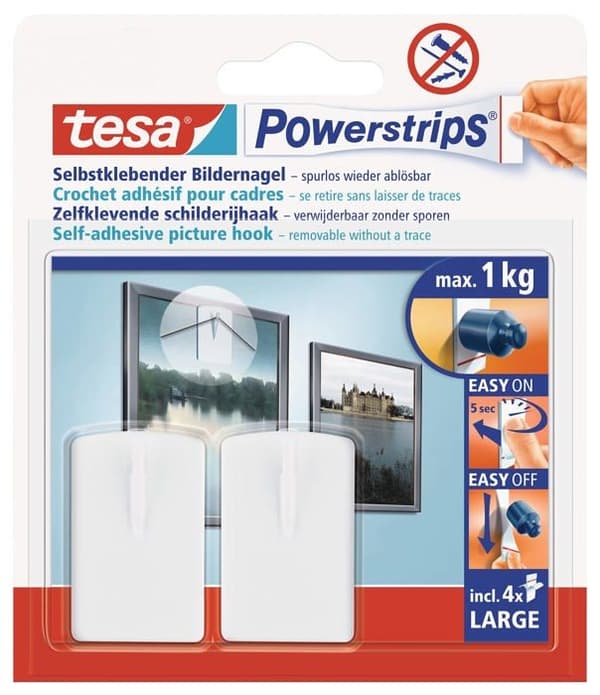Väggdekorationsobjekt - 58031-00128-01 - TESA POWERSTRIPS HÄNGARE FÖR MÅLNINGAR 2st. 1kg VIT