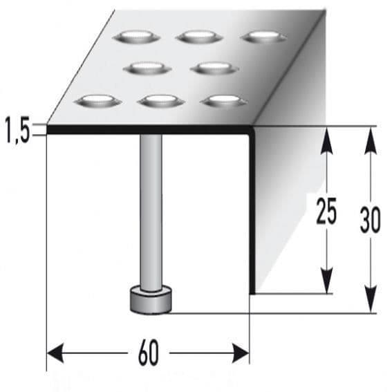 Trappnos 25 mm x 60 mm | rostfritt stål | halkfri R12 DIN 51130 | präglad perforering | Längd: 2500mm
