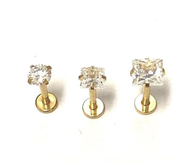 3 st guldpläterad Labret Piercing med större sten.